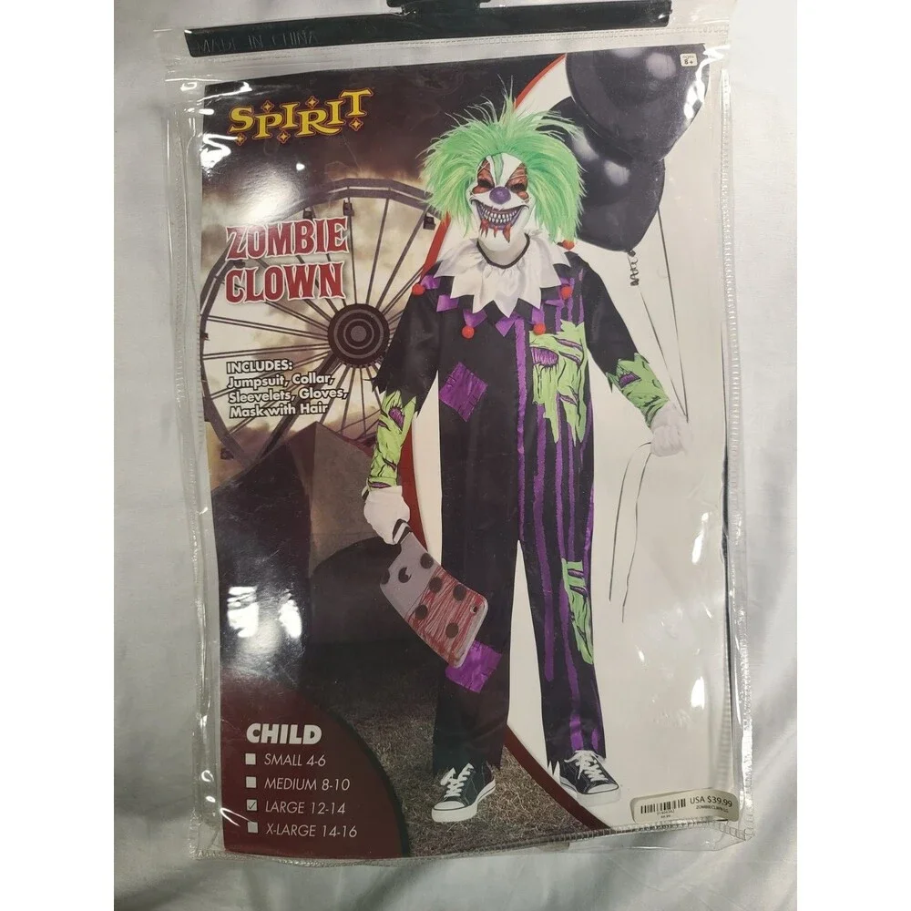 Spirit Halloween Zombie Clown Costume Child Large 12-14 with Wig